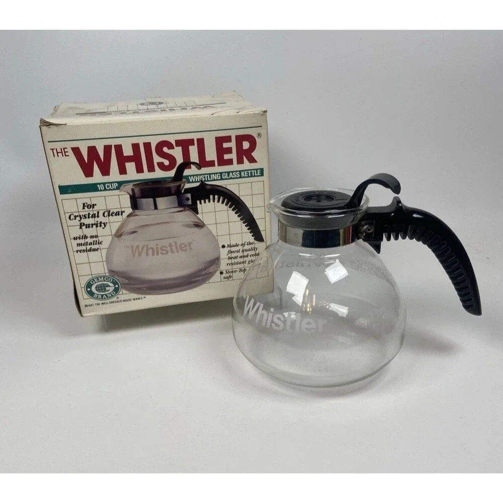Vintage Gemco The Whistler Glass Coffee Tea Pot  Carafe 10 Cup Black Handle